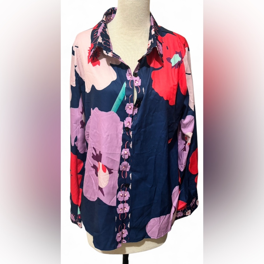 Navy Floral Button-Up Blouse Women’s 2XL Long Sleeve Collared Shirt